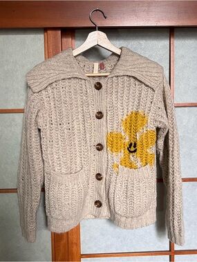 Pilcro Anthropologie Flower Sweater Cardigan Flower Yellow Beige XS